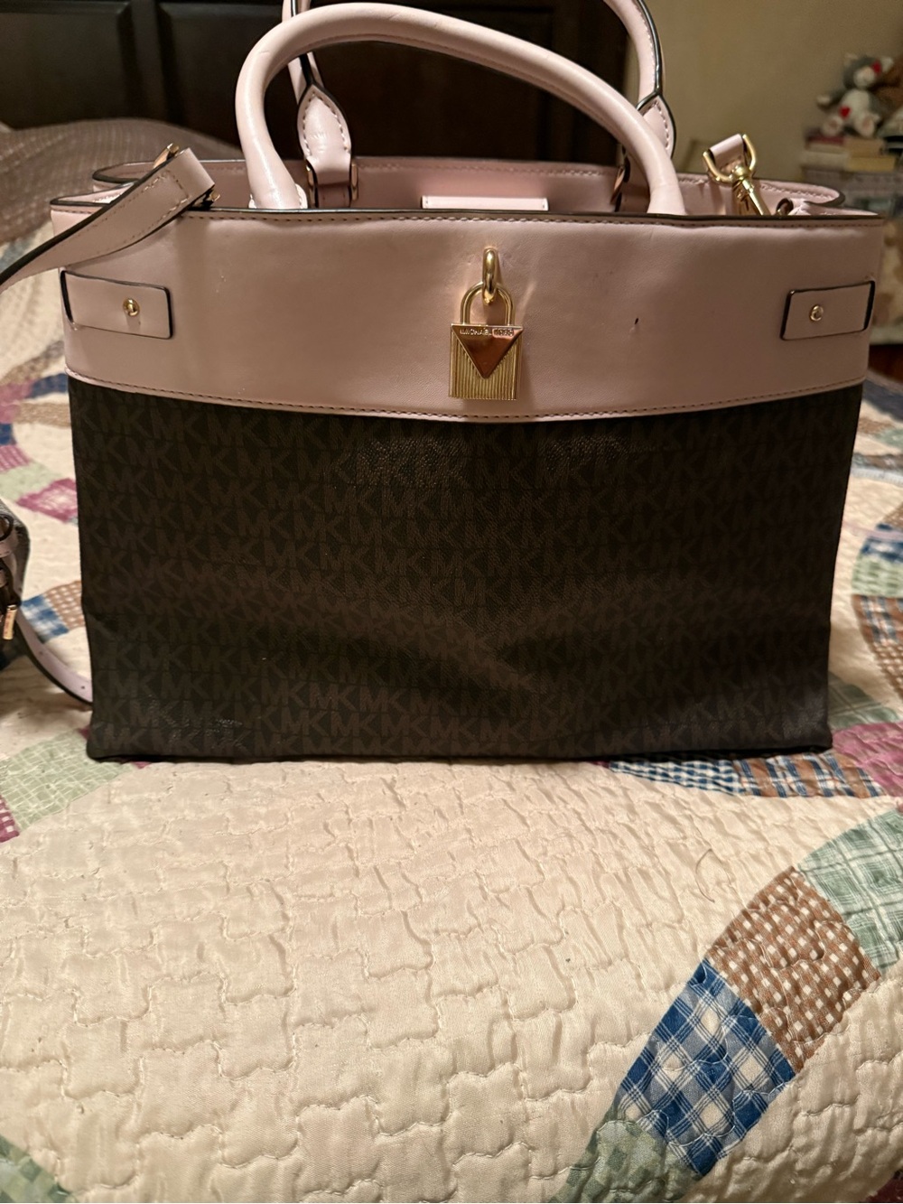Michael Kors Brown Logo Satchel with Pale Pink Trim